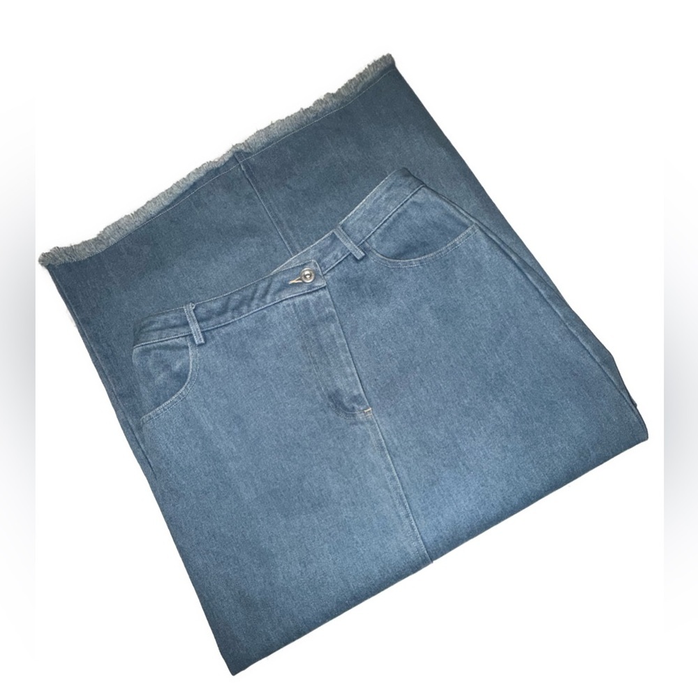 Kourt Pat Front Split Denim Midi Skirt Medium High Rise Raw Hem NWT - Picture 2 of 12